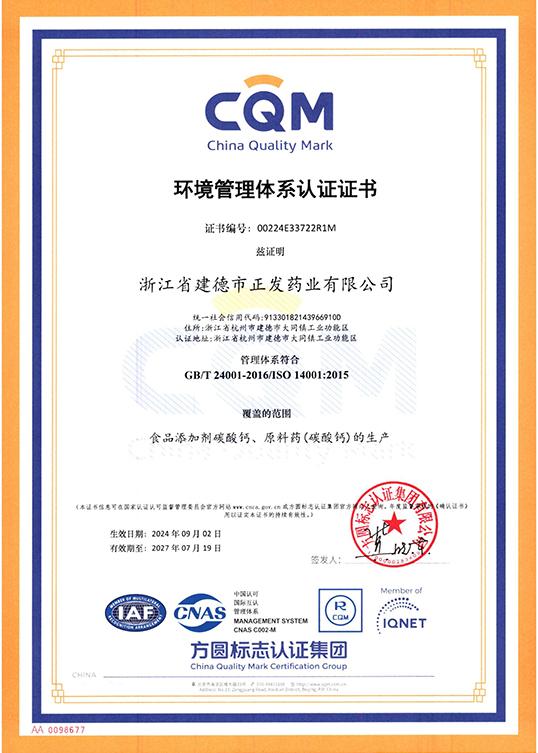 環(huán)境管理體系認證證書